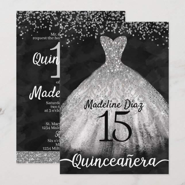 Silver Quinceanera Aniversário Convite Cumpleanos (Frente/Verso)