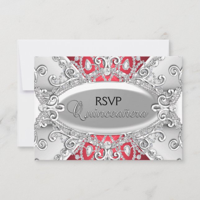 Silver & Red Diamond Damask Quinceanera RSVP (Frente)