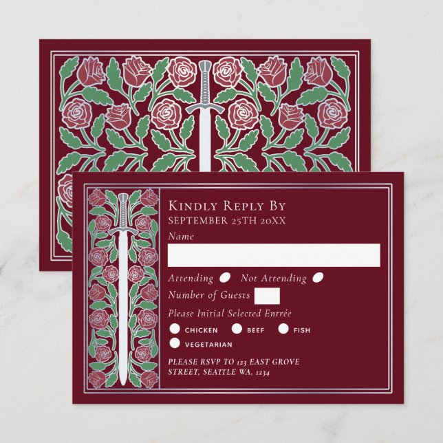 Silver Red Medieval Floral Sword Wedding RSVP (Frente/Verso)