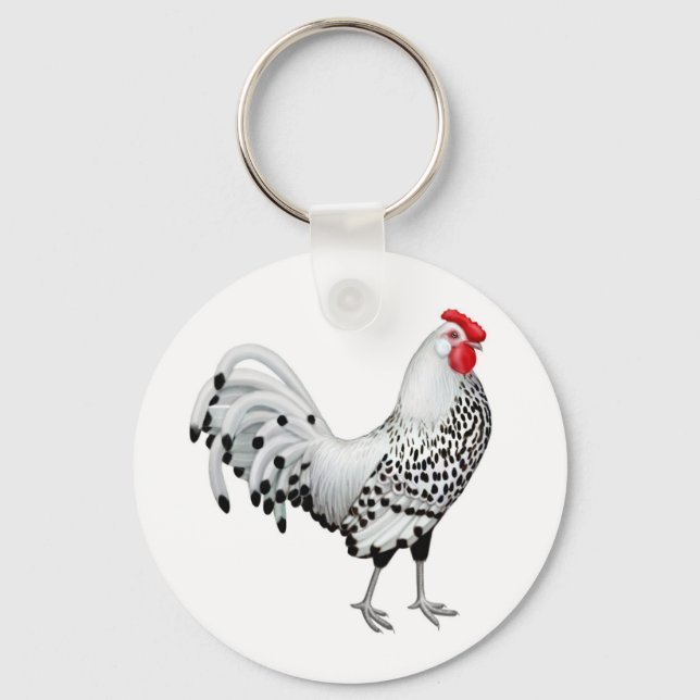 Silver Spangled Hamburg Rooster Chaveiro (Frente)