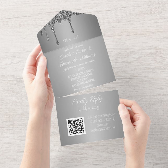 Silver Sparkle Glitter Cinza Script RSVP QR Code A (Aba destacável)