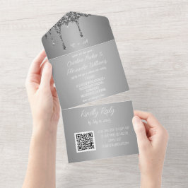 Silver Sparkle Glitter Cinza Script RSVP QR Code A