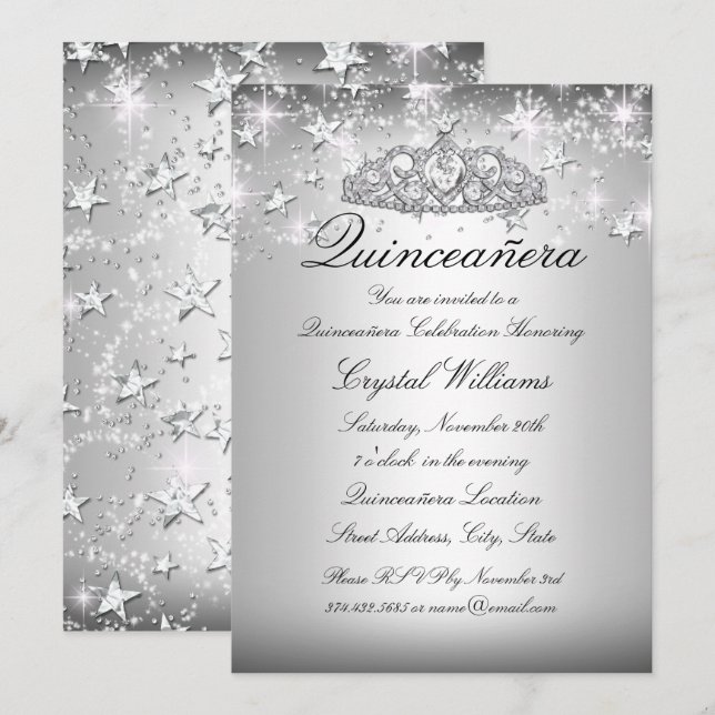 Silver Sparkle Tiara Stars Quinceanera Convite (Frente/Verso)
