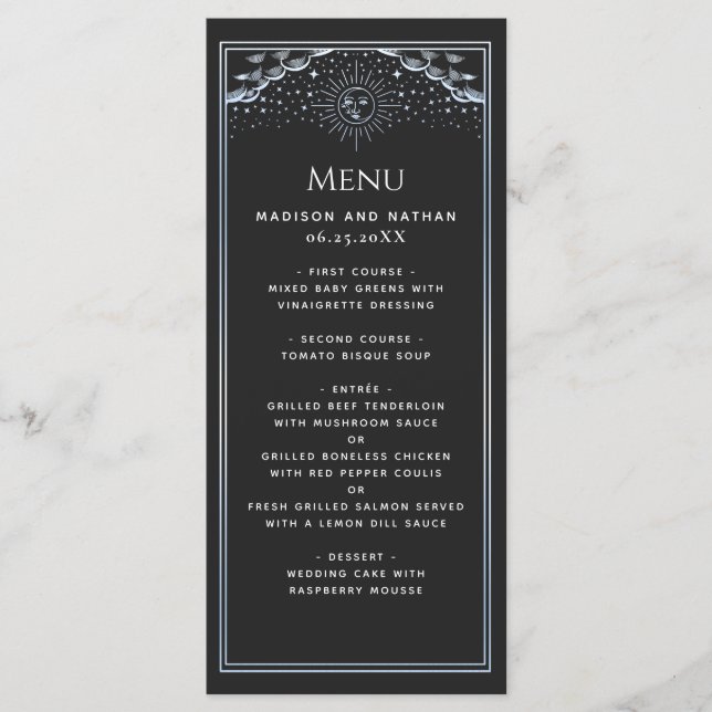 Silver Sun and Moon Tarot Wedding Flat Menu (Frente)