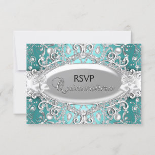 Silver Teal Damask Pearl Quinceanera RSVP