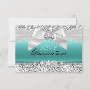 Silver Teal Glitter & Jewel Arco Quinceanera RSVP