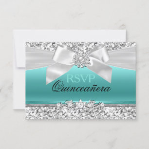 Silver Teal Glitter & Jewel Arco Quinceanera RSVP