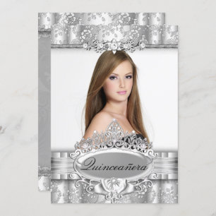 Silver Tiara e Foto Floral Quinceanera Convite