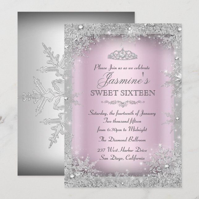 Silver Winter Wonderland Pink Sweet 16 Convite (Frente/Verso)
