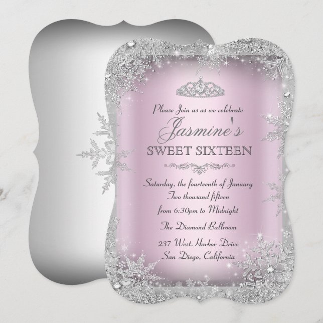 Silver Winter Wonderland Pink Sweet 16 Convite 2 (Frente/Verso)