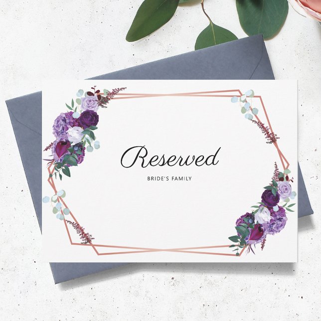 Símbolo de Casamento Geométrico Roxo Floral Reserv (Purple Floral Geometric Reserved Bride Family Card)