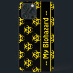 Símbolo de risco biológico Capa de telefone com te<br><div class="desc">Capa de telefone de célula preta com padrão amarelo brilhante de símbolo de risco biológico e campo de texto personalizável. Personalizar com um nome ou outro texto ou símbolos de texto.</div>