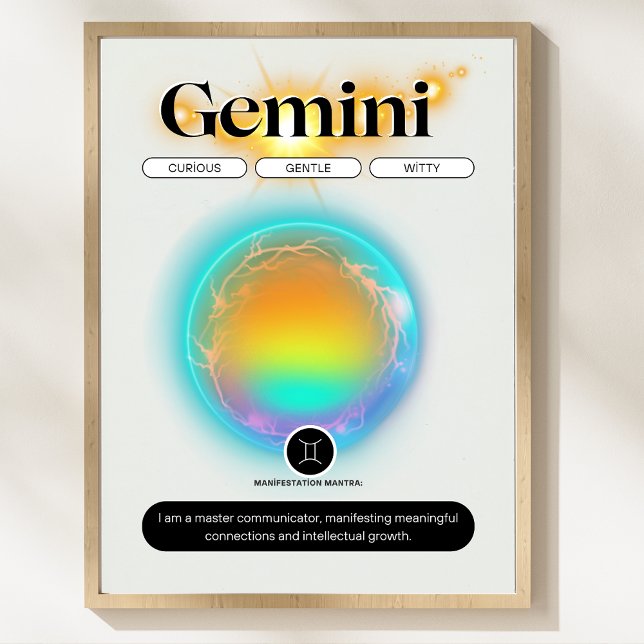 Símbolo Zodiac Moderno Gemini Cotação Poster de El (Modern Zodiac Sign Gemini Quote Air Element Poster)