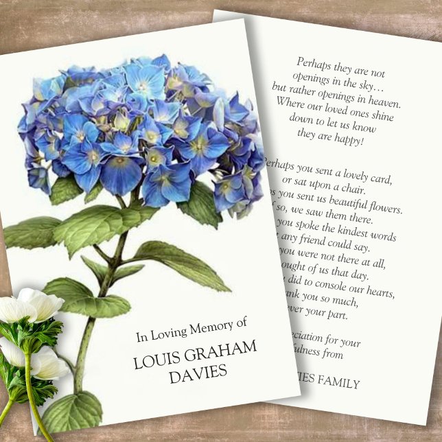 Simpatia Blue Hydrangea Cartões de agradecimentos  (Sympathy floral Celebration of Life, In Loving Memory, Forever in our Hearts Funeral thank you cards)