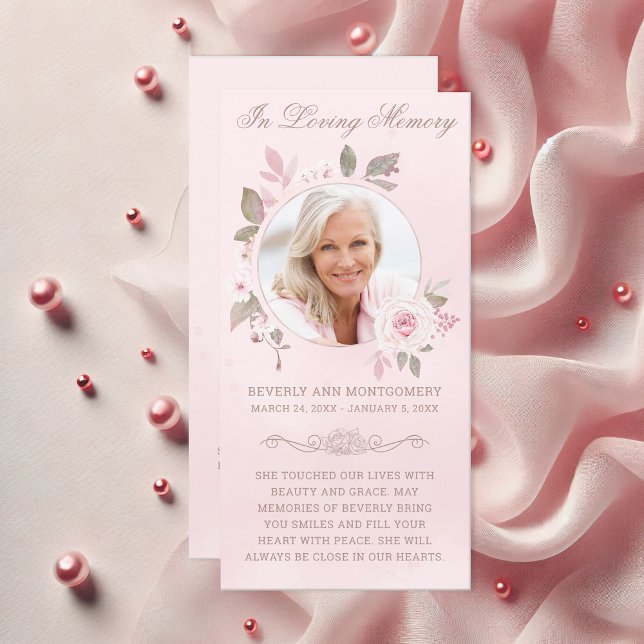 Simpatia Blush Rosa Foto Floral Oração Funeral (Elegant In Loving Memory Pink Rose Watercolor Floral Photo Funeral Card)