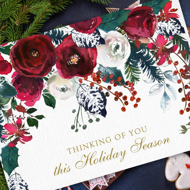Simpatia Cartões de natal de Natal | BUQUÊ (Watercolor Winter Roses Remembrance Memorial Sympathy Cards)