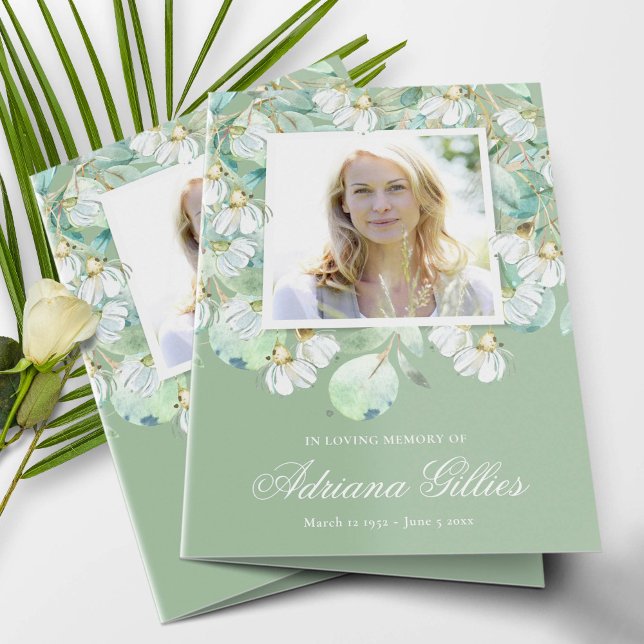 Simpatia Funeral Obrigado Cartões Eucalyptus Teal (Funeral Thank You Card with Eucalyptus leaves and white gum nut flowers)