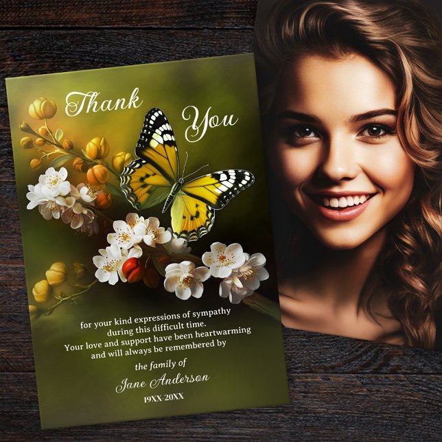Simpatia por borboletas Cartões de agradecimentos  (Sympathy Thank You card featuring a painting of a butterfly and a custom photo - in loving memory)
