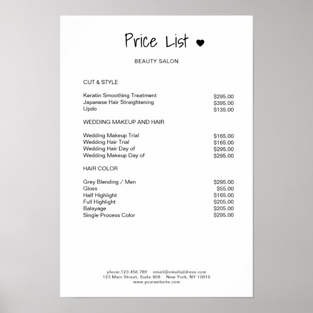 Simpel Black Price List Poster (Frente)