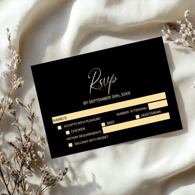 Simple Black Gold Wedding RSVP with Menu Options  (Criador carregado)