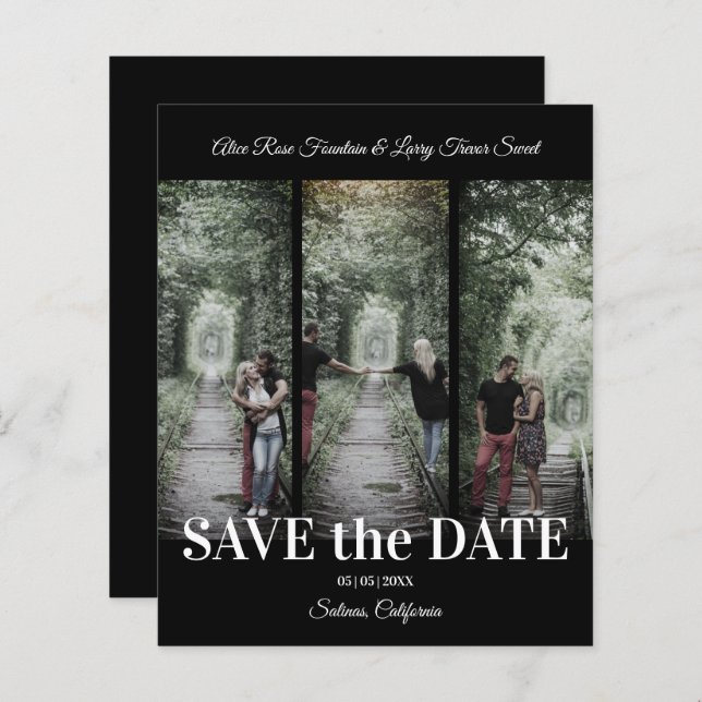 Simple Classic 3 Photos Collage Engaged Couple (Frente/Verso)