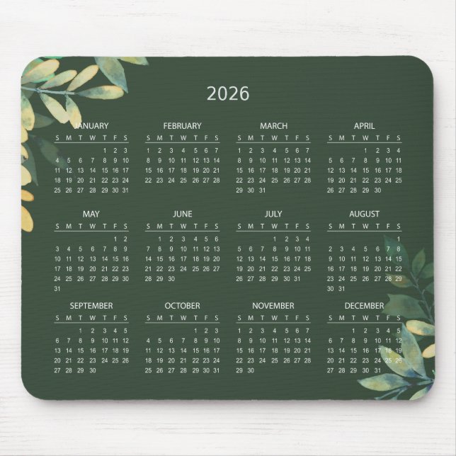 Simple Elegant Botanical 2026 Calendar | Mousepad (Frente)