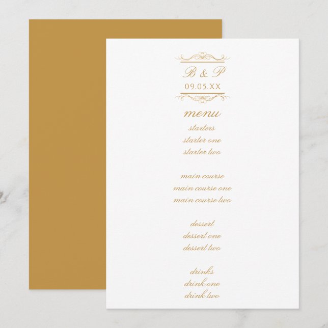 Simple Elegant Gold Monogram Wedding Menu Card (Frente/Verso)