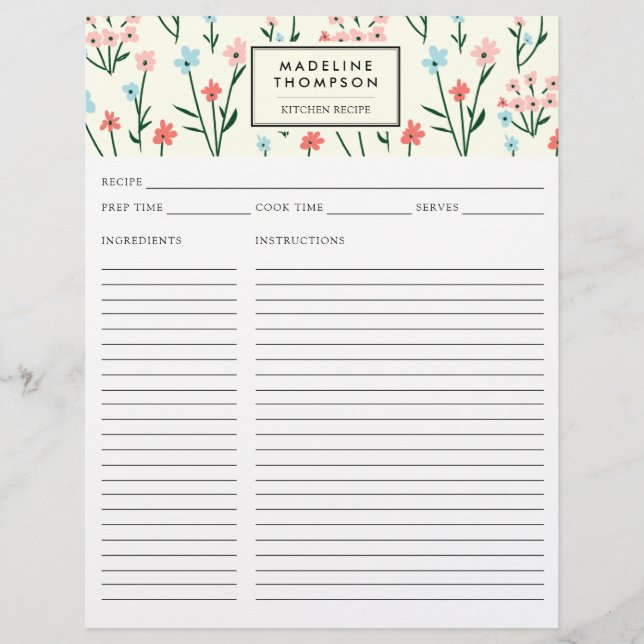 Simple Floral Botanical Pink Blue Flower Recipe (Frente)