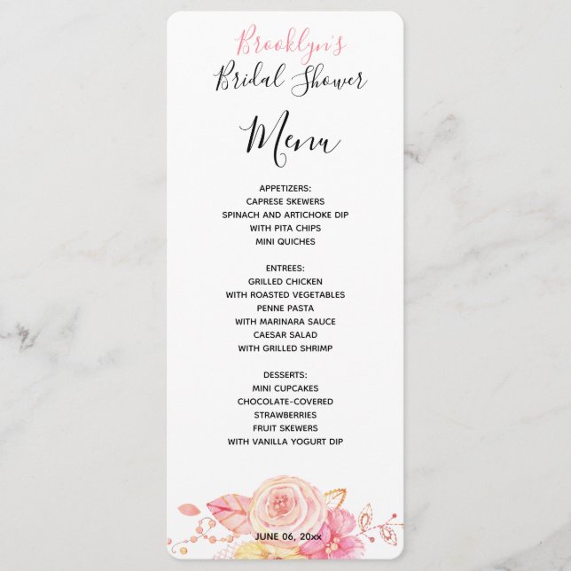 Simple Floral Bridal Shower Menu Card (Frente)