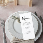 Simple Formal Wedding Menu Card<br><div class="desc">Present your reception dinner in timeless style with this minimalist elegant wedding menu featuring a graceful script title and refined serif typography. The clean black and white design offers a sophisticated layout that highlights each course while maintaining a modern, uncluttered aesthetic. The large flowing “Menu” headline creates a beautiful focal...</div>