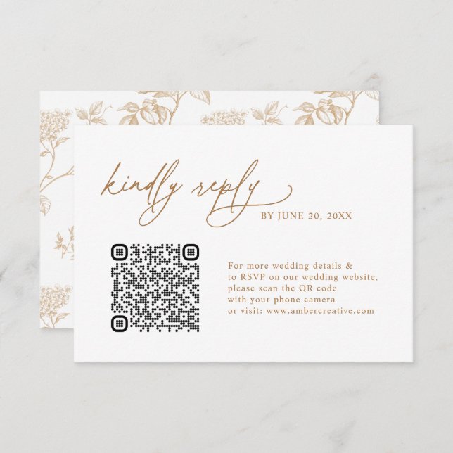 Simple Gold Floral QR code Wedding RSVP Cards (Frente/Verso)