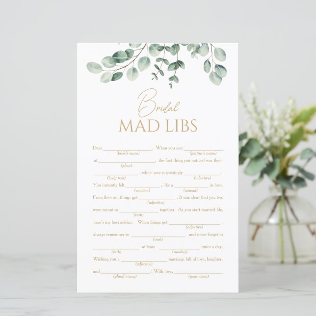 Simple Greenery Bridal Shower Mad Libs Game (Em pé/Frente)