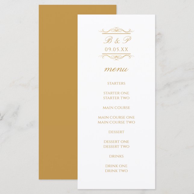 Simple Modern Gold Monogram Wedding Menu Card (Frente/Verso)