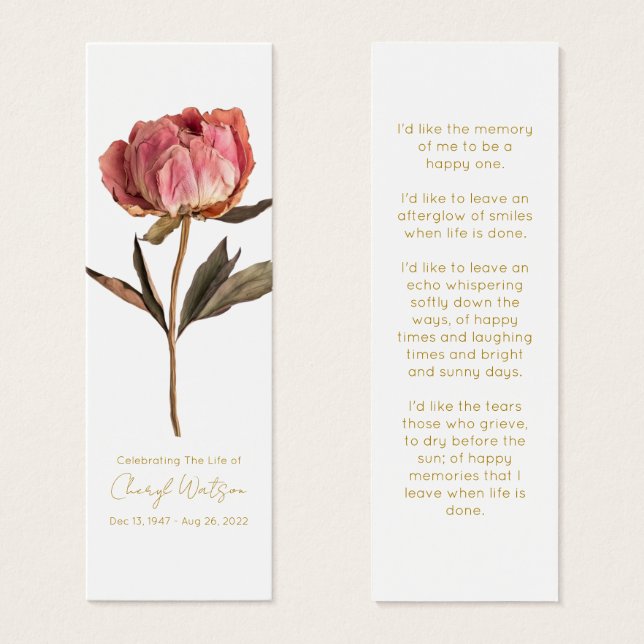 Simple Peony Funeral Memorial Bookmark (Frente & Verso)