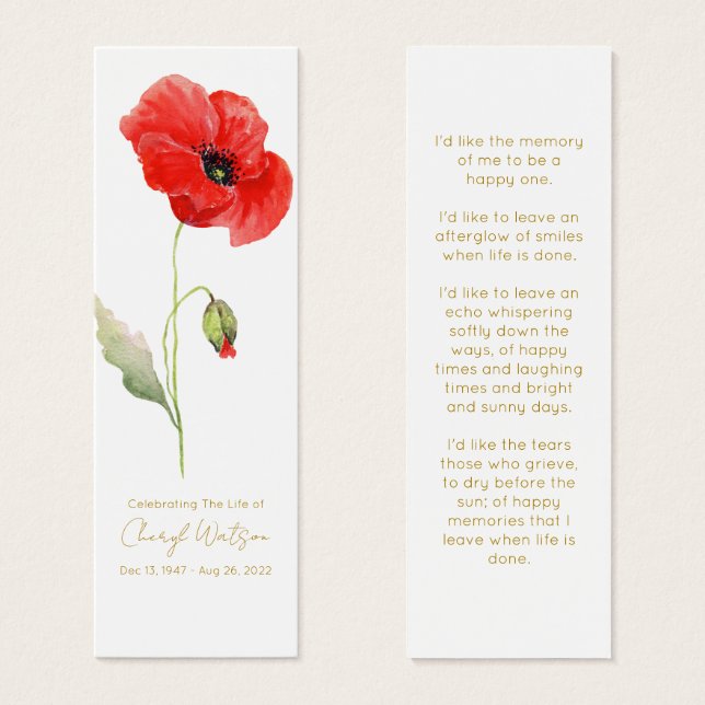 Simple Poppy Funeral Memorial Bookmark (Frente & Verso)