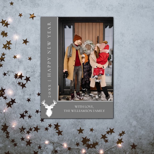 Simple Reindeer - Cartão com fotos de Ano Novo | C (Simple Reindeer New Years Photo Card - Gray)