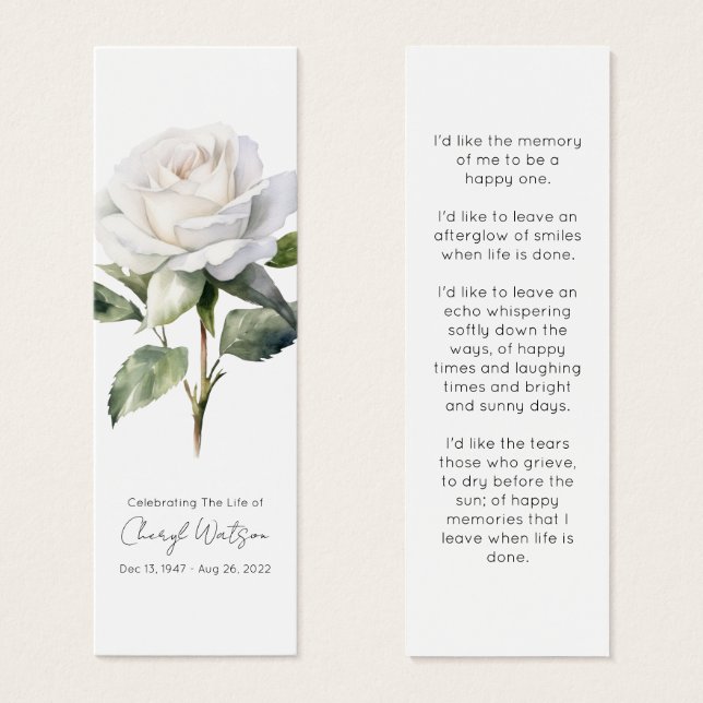 Simple White rose Funeral Memorial Bookmark (Frente & Verso)