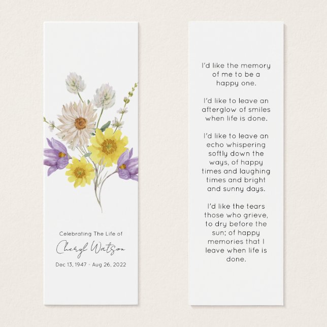 Simple Wildflower Funeral Memorial Bookmark (Frente & Verso)