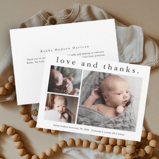 Simples Amor e Agradecimento Anúncio de Bebê Obrig (Simple type love and thanks baby photo announcement thank you cards.)