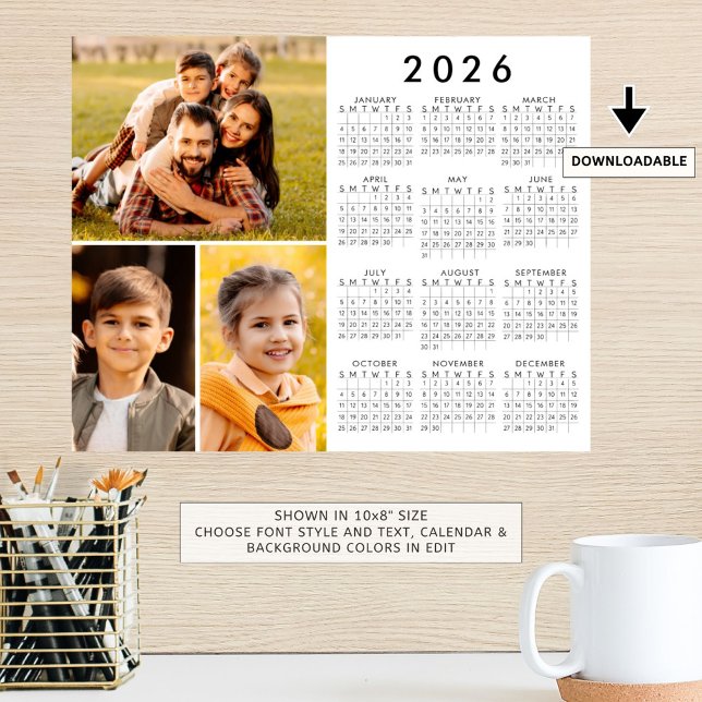 Simples Calendário 2026 3 Colagem de Fotos Poster (Criador carregado)