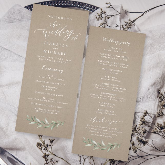 Simples caligrafia, programa de casamento russo (Simple calligraphy rustic greenery wedding program)