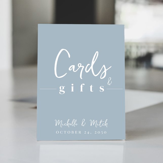 Simples Casamento Dusty Cartões Azuis De Caligrafi (Elegant wedding simple dusty blue cards and gifts sign. )