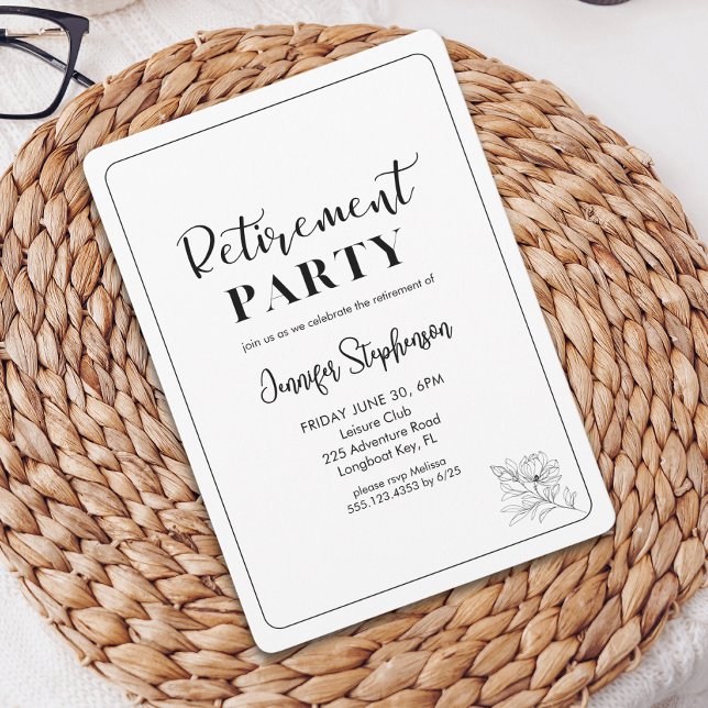 Simples Convite de Aniversário de Aposentadoria co (Simple Elegant Floral Typography Retirement Party Invitation)