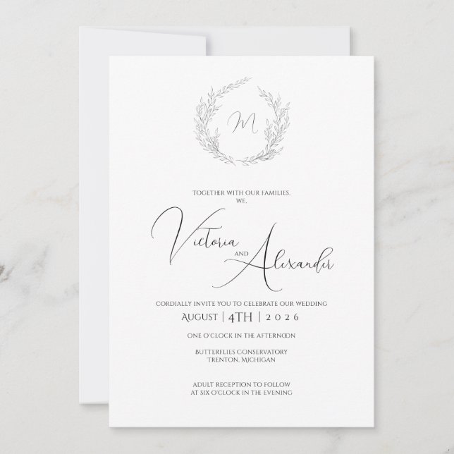 Simples convite de casamento com monograma de lour (Frente)