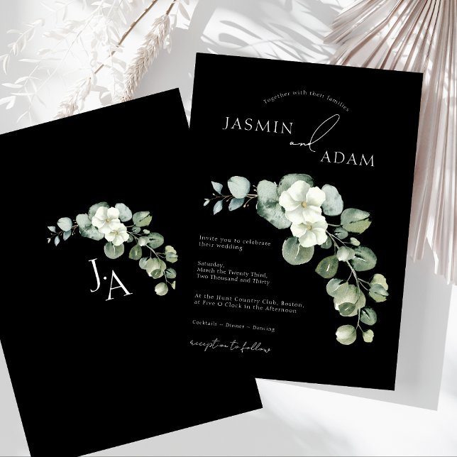 Simples Convite de Noiva Floral Eucalipto Monogram (Simple Black Greenery Eucalyptus Monogram Wedding Invitation)