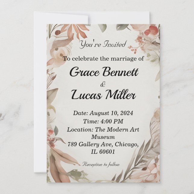 Simples convite para casamento floral pintado (Frente)