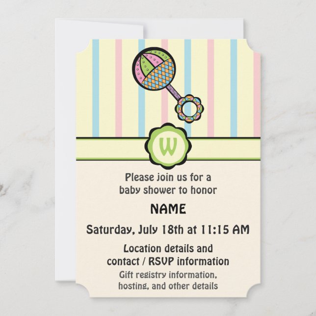 Simples convite para Chás de fraldas Rattle (Frente)