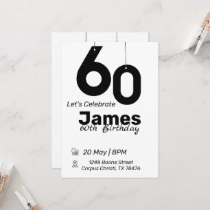 Simples convites para 60 anos em preto e branco