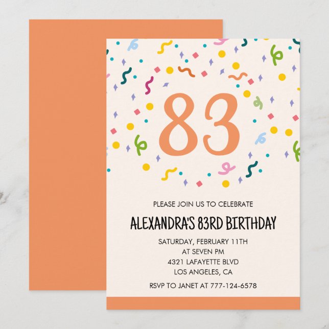 Simples convites para 83 anos Confetti Modern (Frente/Verso)