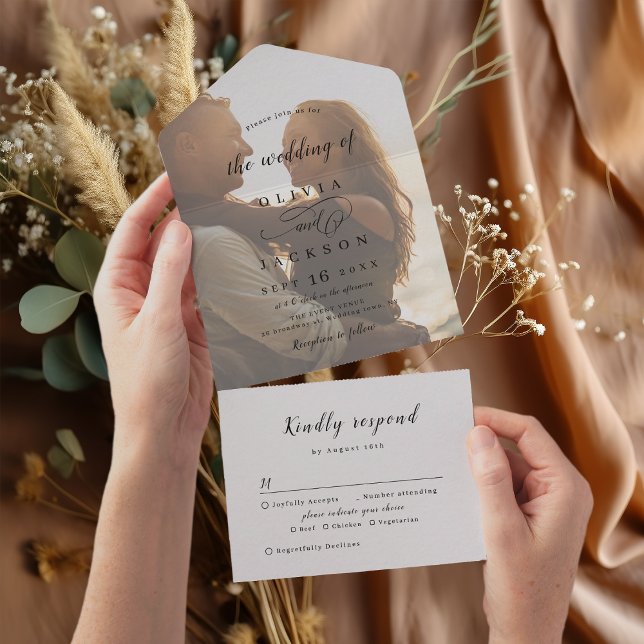 Simples e elegante casamento com fotos de roteiro  (Simple elegant romantic script photo wedding all in one invitation)